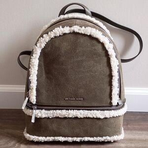 NWT Michael Kors Rhea Medium Olive Green Suede and Faux Shearling Backpack Bag